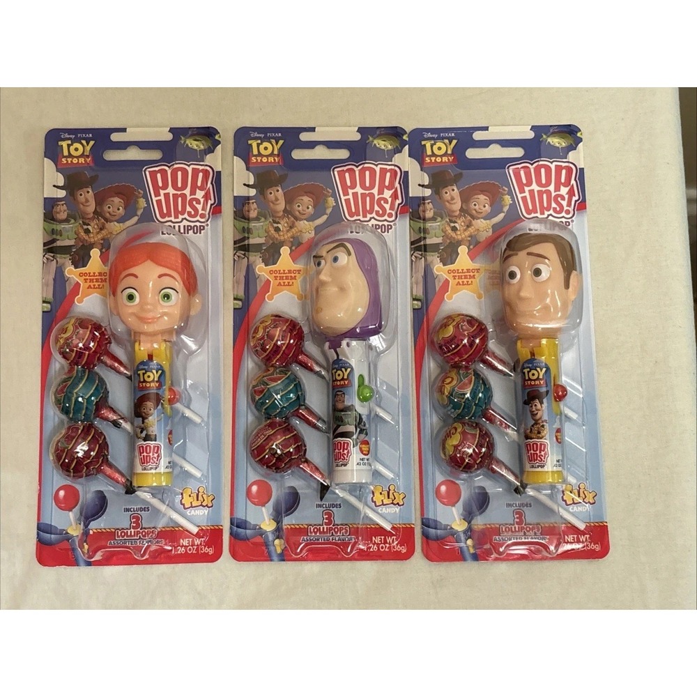 Disney Toy Story Flix Pop Ups Woody Buzz Jessie Lollipop Dispensers Set of 3